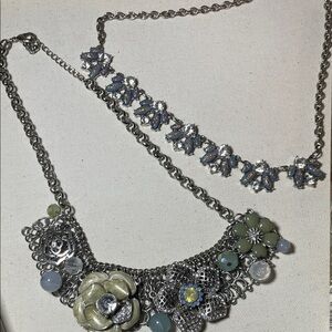 Charming Charlie Silver Floral Layered Necklace Set with Pale Green Accents